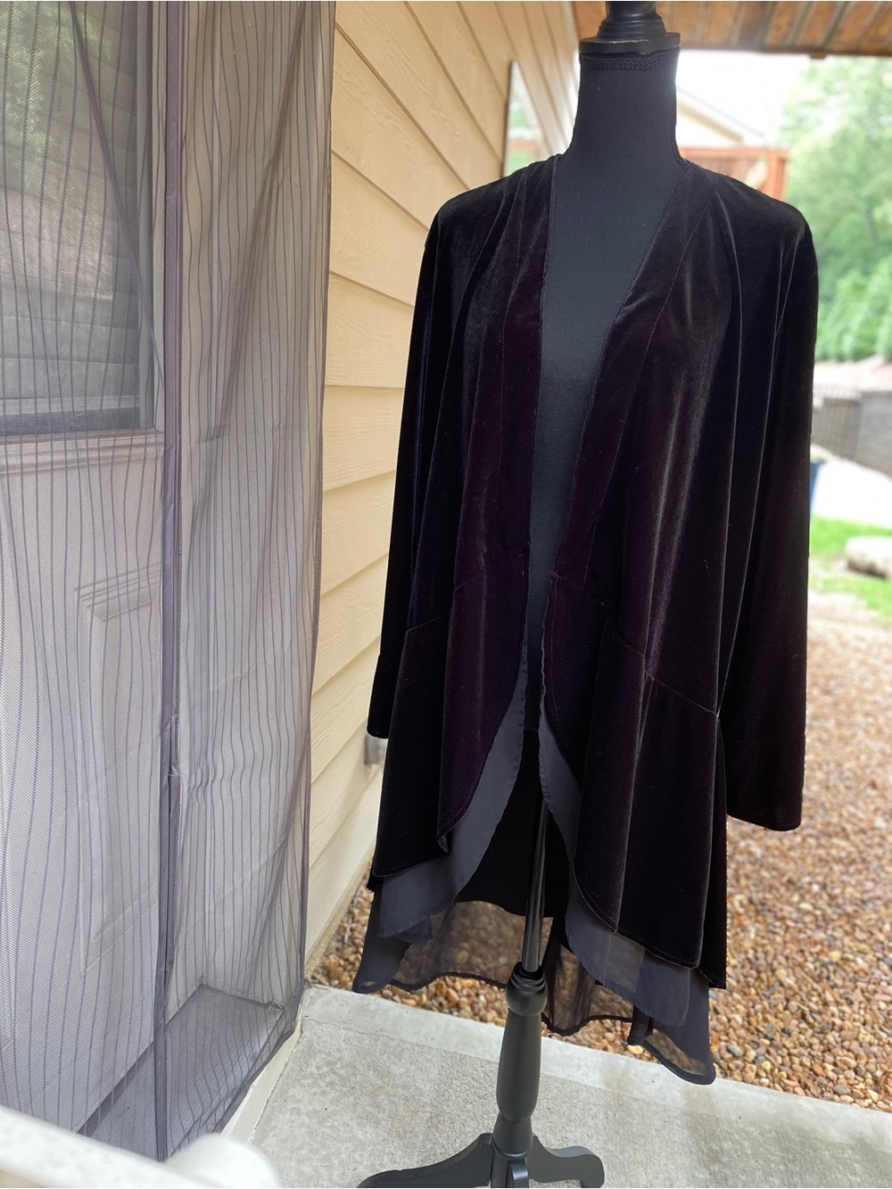 Vivimos Longline Velvet Duster Size XL Black Multi Fabric Boho Witchy Whimsigoth - Picture 10 of 14